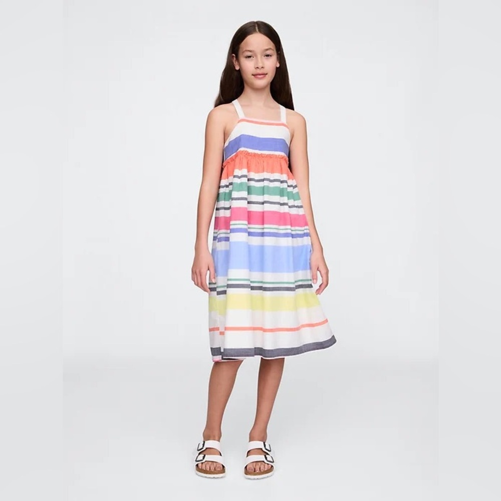 GAP Kids Rainbow Stripe Girls Apron Neck Midi Dress Size 4-5